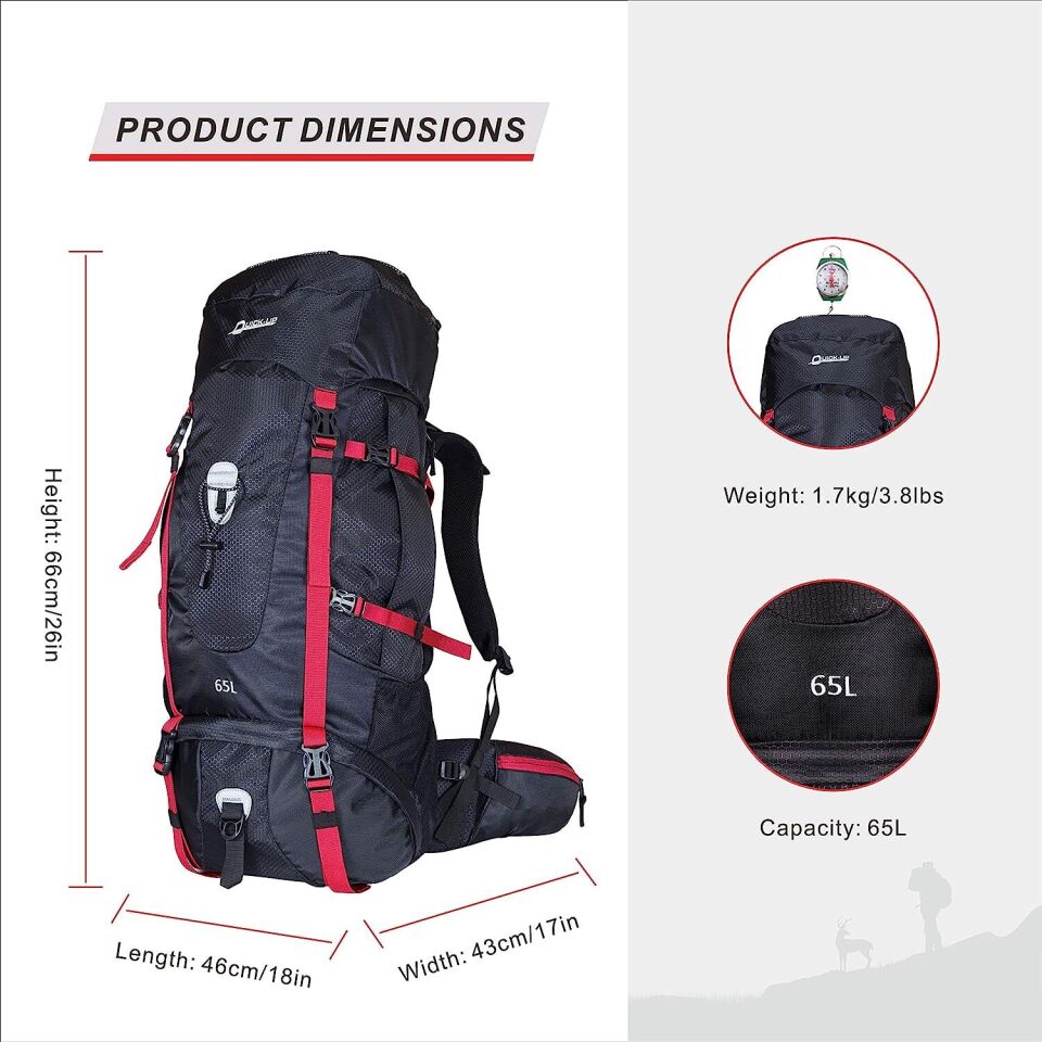 QuickUP Hiking Sırt Çantası 65 Litre-SİYAH-KIRMIZI