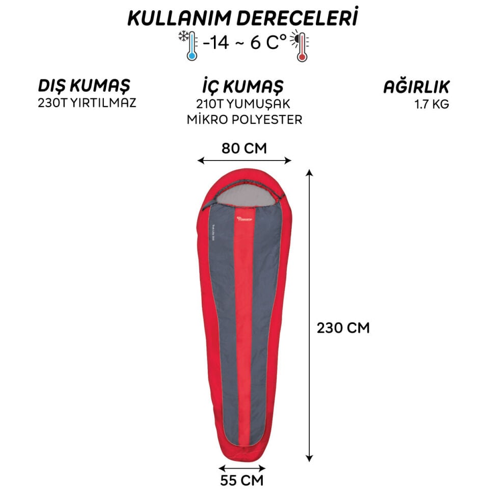 FreeCamp Trek Lite Classic 300 Uyku Tulumu-KIRMIZI